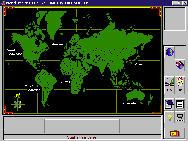 World Empire III (Windows 16-bit) screenshot: The main game screen. The notebook icon opens up the game's manual in a new window. The world icon starts a new game