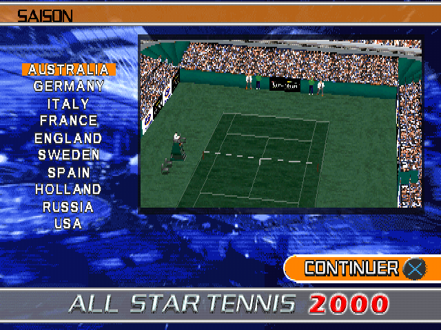 All Star Tennis 2000 (PlayStation) screenshot: Season mode. Too many countries, I don't have time for this.