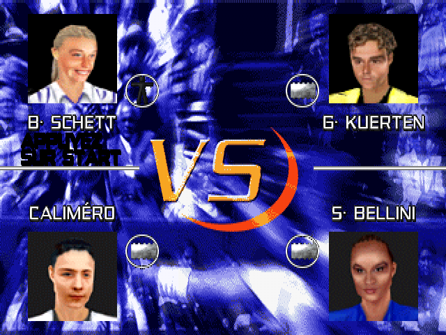 All Star Tennis 2000 (PlayStation) screenshot: Mixed doubles. S. Bellini is a fake player, right? Caliméro... no comments.