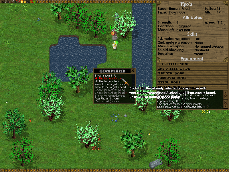Battles of Norghan (Windows) screenshot: Combat is turn-based. Your melee fighters can choose which part of the body to hit - a hit to the head does more damage, while the body is easier to hit. (demo version)