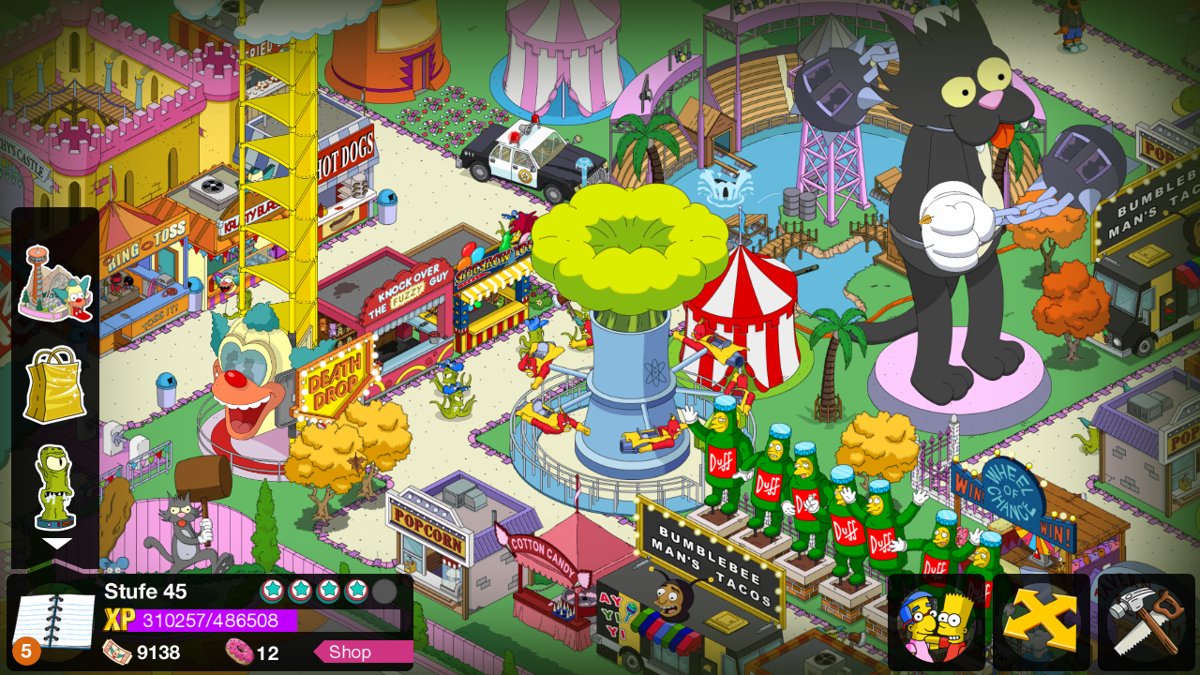 The Simpsons: Tapped Out (Android) screenshot: Krustyland during the invasion from Rigel VII, it seems that even alien invaders just want to have fun.