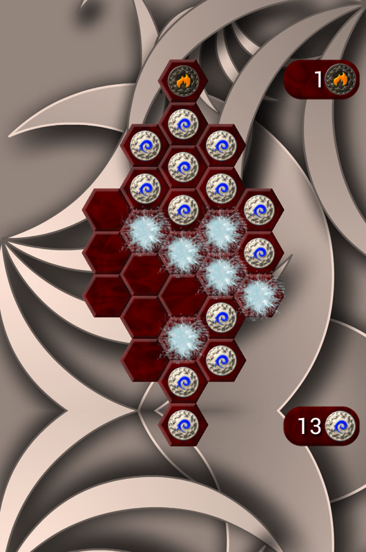 Hexxagon (Android) screenshot: Once the opponent has no valid moves, my pawns multiply automatically to fill the board and win