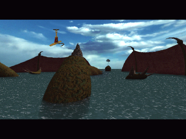 Zork: Grand Inquisitor (Windows) screenshot: Beautiful view of strange islands in the sea... You attempt to use one of your weird items - I don't think it works