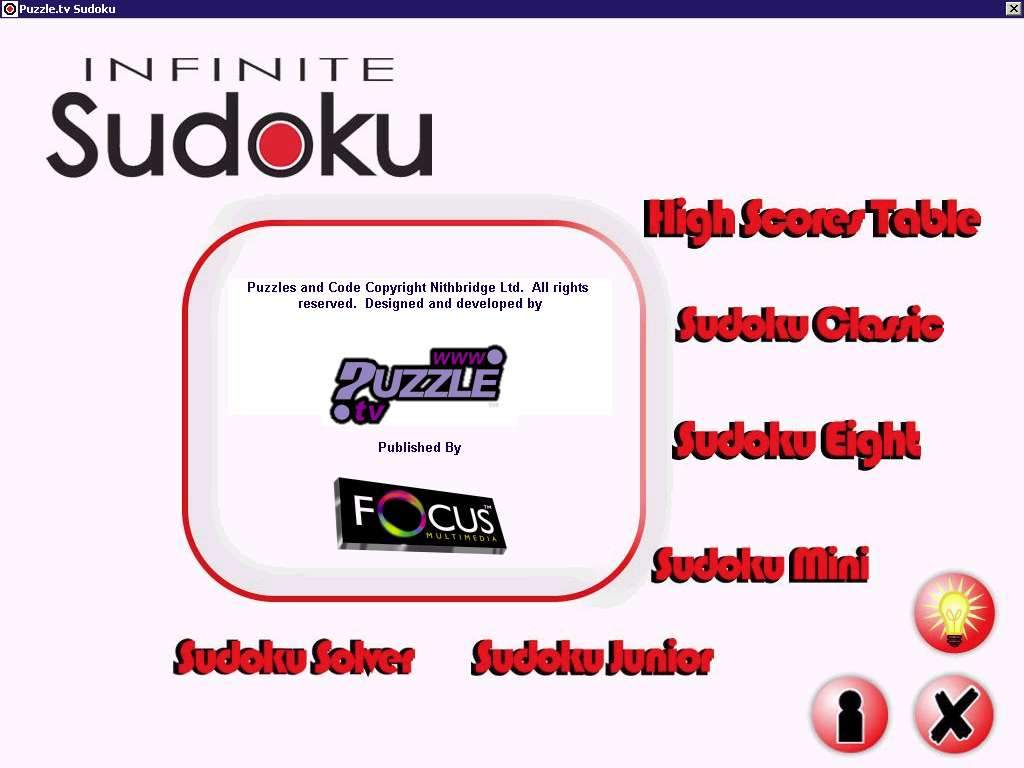 Infinite Sudoku (Windows) screenshot: The game's title screen and main menu