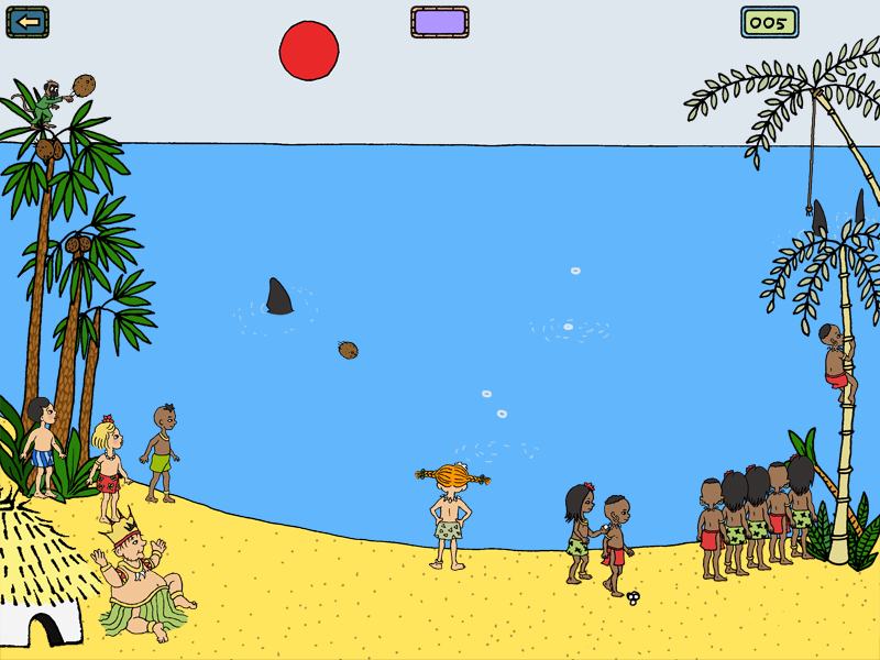 Pippi Långstrump (Windows) screenshot: ...while the player throws coconuts at the sharks