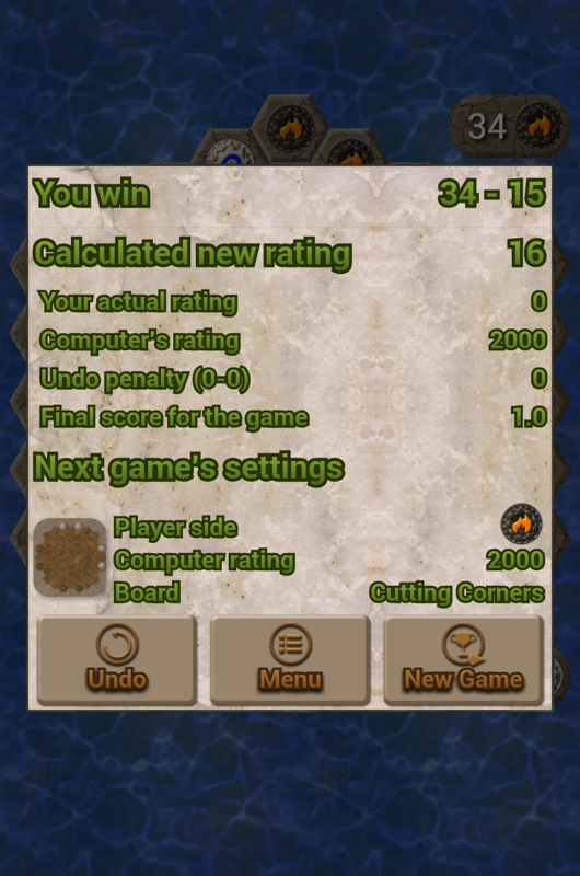 Hexxagon (Android) screenshot: End of a Rating game, on one of the higher difficulties