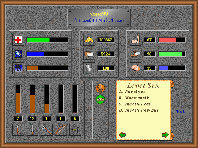Excelsior Phase Two: Errondor (Windows) screenshot: Character Stats.