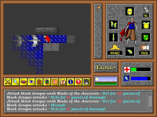 Excelsior Phase Two: Errondor (Windows) screenshot: Running in to two tough black dragons in the Veldt Keep.