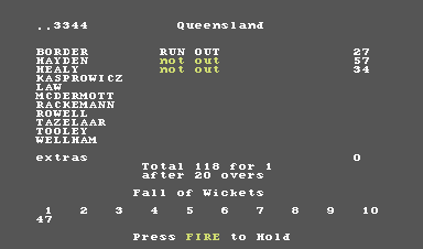 Allan Border's Cricket (Commodore 64) screenshot: Batting card