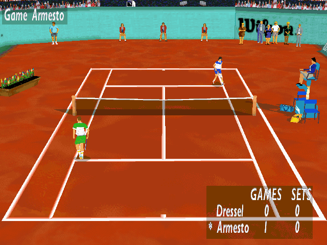 Pete Sampras Tennis 97 (DOS) screenshot: Changing sides and score card