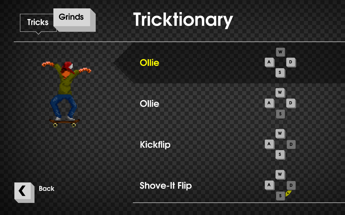 OlliOlli (Windows) screenshot: The tricktionary where you look up the keys to perform specific tricks.