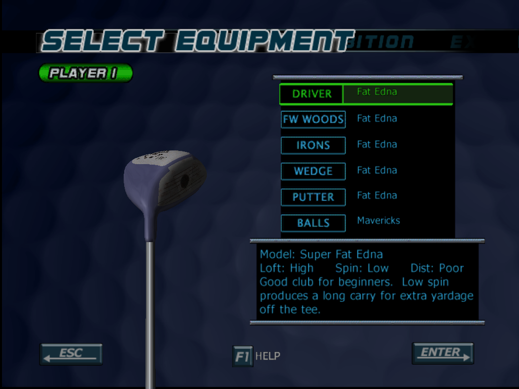 Outlaw Golf (Windows) screenshot: Equipment selection