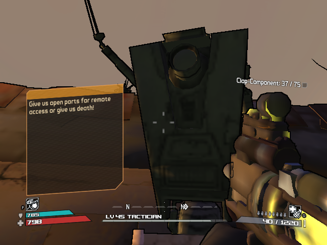 Borderlands: Claptrap's New Robot Revolution (Windows) screenshot: Statues of the Robolution's leader are placed in various locations, with buttons that give inspiring messages, in addition to the ever-present loudspeakers blaring his propaganda.