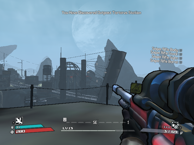 Borderlands: Claptrap's New Robot Revolution (Windows) screenshot: Station overlook from initial fast travel node, this is where you spawn each time you load up a game saved anywhere in the add-on.