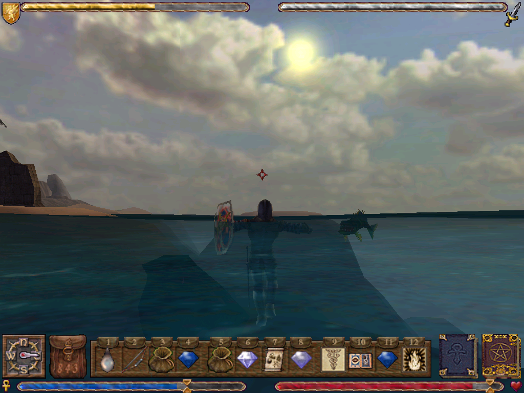 Ultima IX: Ascension (Windows) screenshot: Swimming through the sea! Admiring the lovely clouds: look at the sun behind them!.. A big fish is nearby