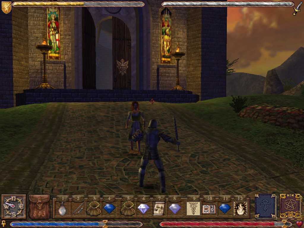 Ultima IX: Ascension (Windows) screenshot: I attempt to kill an innocent woman right in front of Lord British's palace. Stop that, crazy Avatar!..