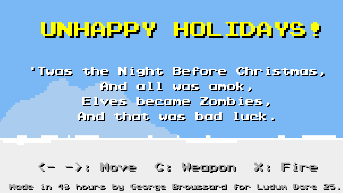 Unhappy Holidays! (Browser) screenshot: Title screen and instructions
