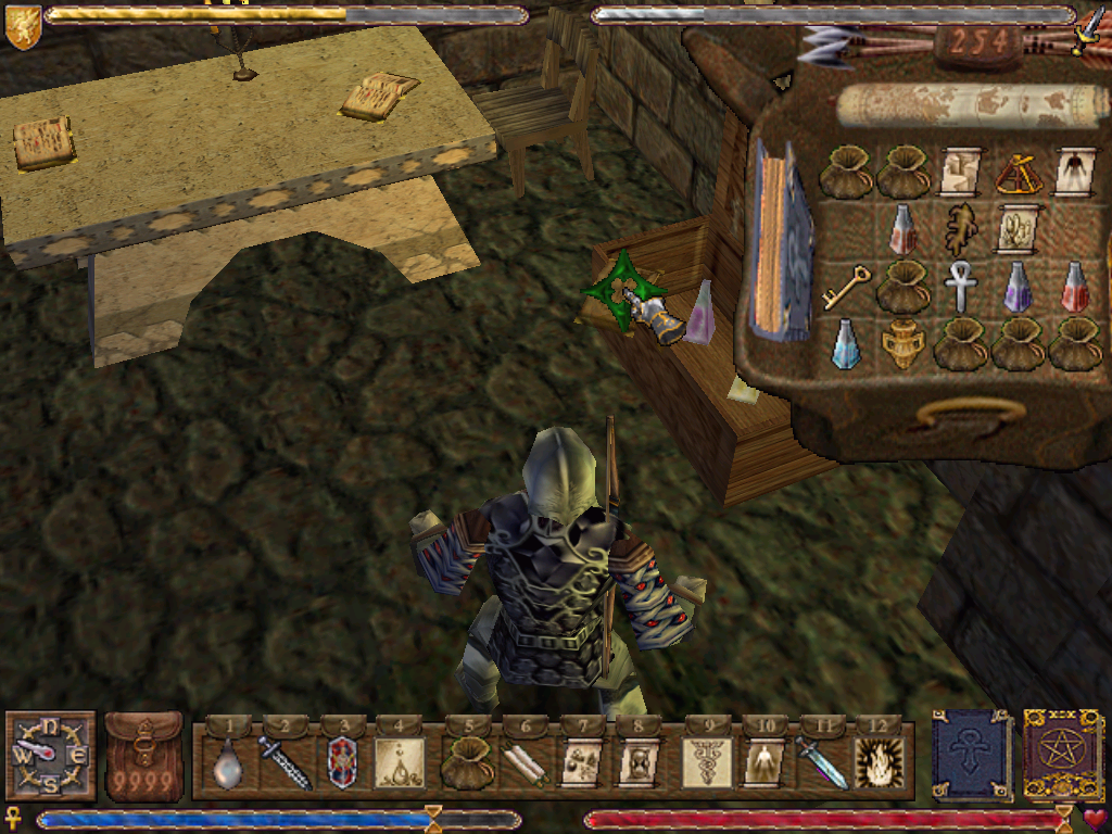Ultima IX: Ascension (Windows) screenshot: Even most dungeons have plenty of objects to fool around with. Here you can see interaction, object-dragging, etc. - all with an open inventory bag