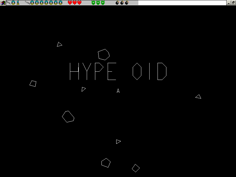 Hyperoid (Windows) screenshot: The game's title screen.The letters scroll up the screen and shatter when the collide with an asteroid