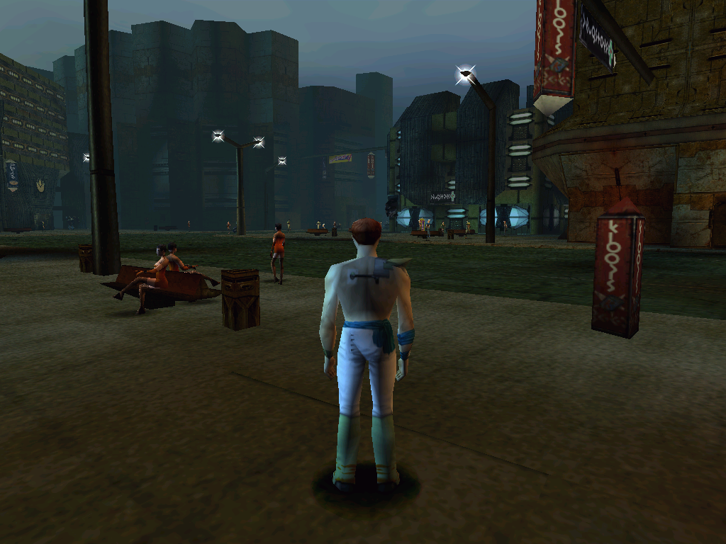Omikron: The Nomad Soul (Windows) screenshot: Just a regular day on Omikron with a comparatively regularly-looking body - the city is open to you!..