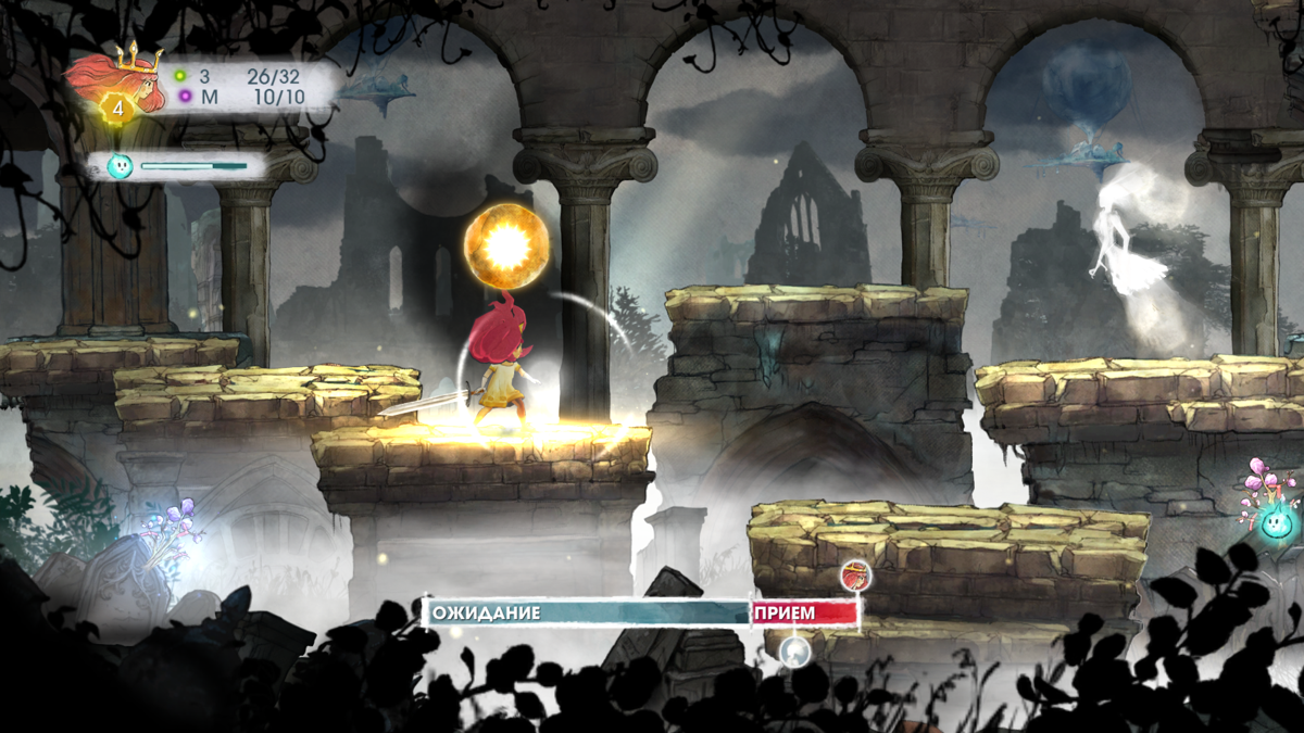 Child of Light (Windows) screenshot: Battling a ghost - Aurora uses her special ability