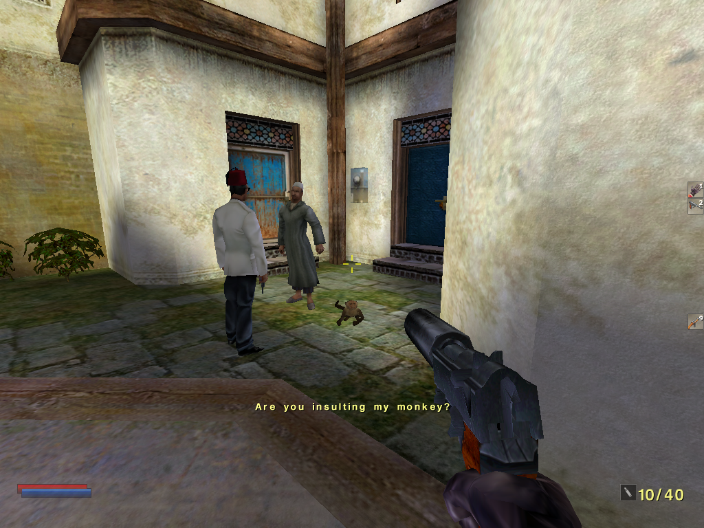 The Operative: No One Lives Forever (Windows) screenshot: The game is full of hilarious conversations you can overhear. There is simply no end to them. This is takes place in Morocco