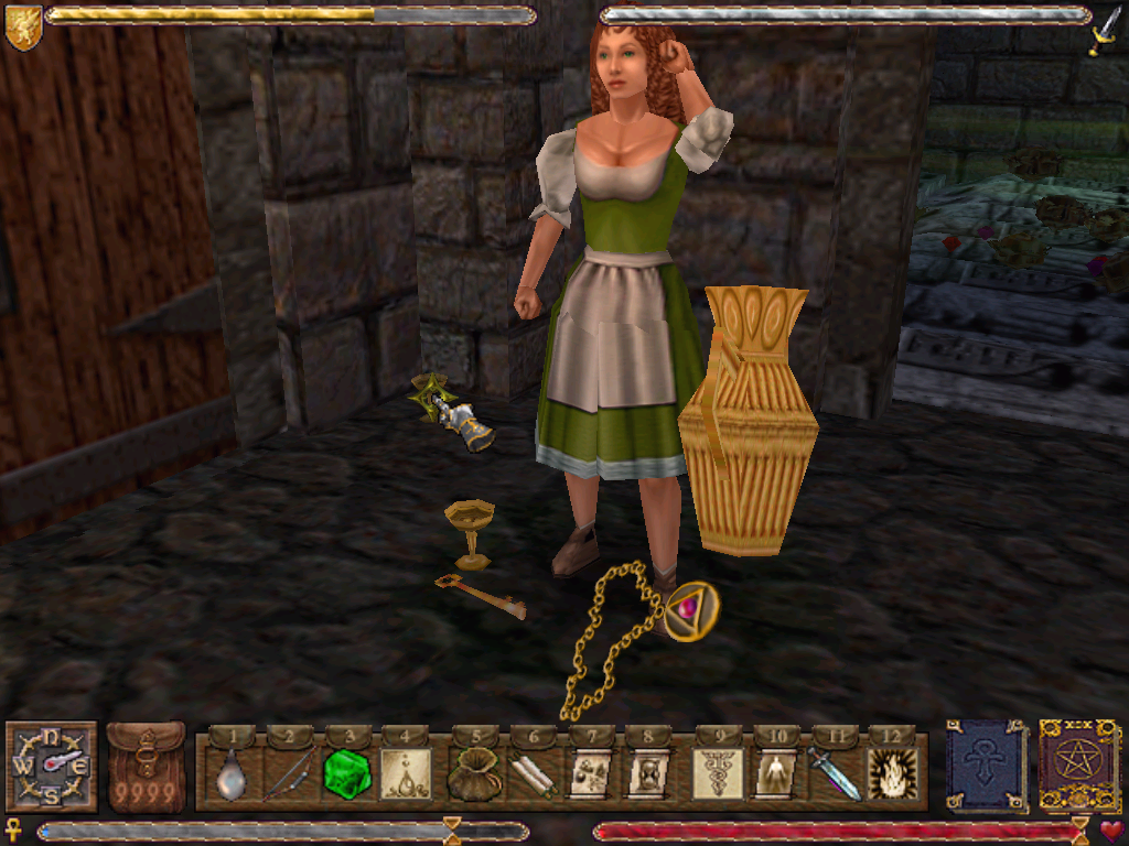 Ultima IX: Ascension (Windows) screenshot: There is a lot of custom fun to be had in Ultima IX! Here, you zoom on a young woman (note the nice animation!), and literally put gold at her feet... nice going, Avatar!..