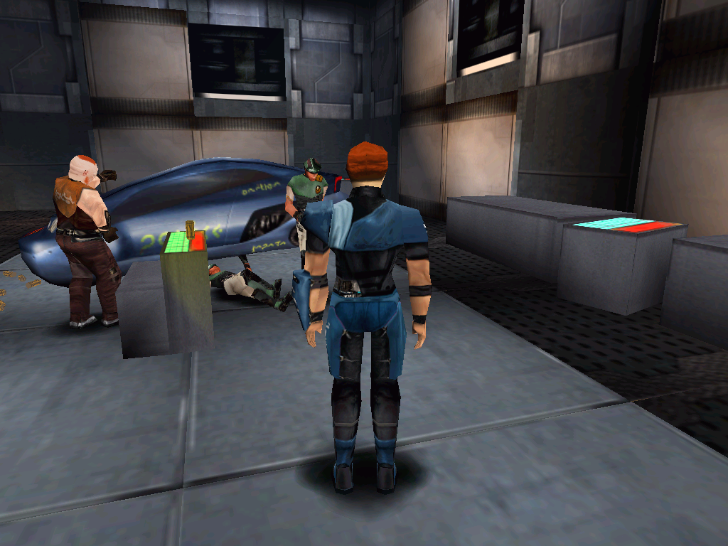Omikron: The Nomad Soul (Windows) screenshot: More examples of NPC behavior: three mechanics are working on this futuristic vehicle in a garage