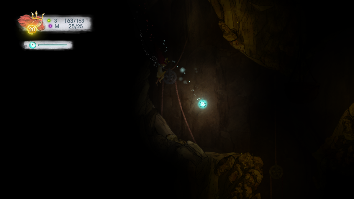 Child of Light (Windows) screenshot: Igniculus can be used as a light source in dark passages