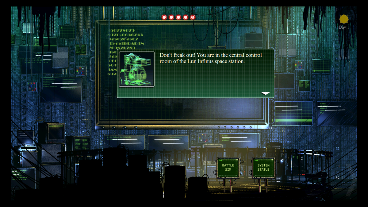 The Desolate Hope (Windows) screenshot: The central control room, with Coffee advising the player