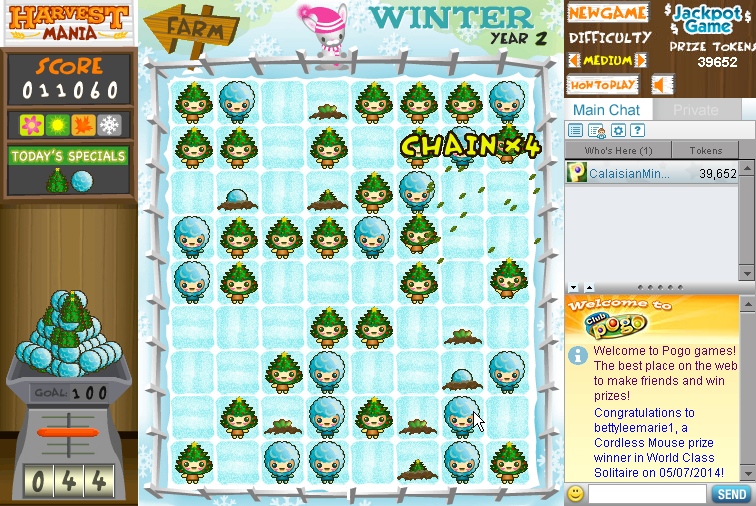 Harvest Mania (Browser) screenshot: Since there are only two "veggies" in winter, it's easier to make chains.