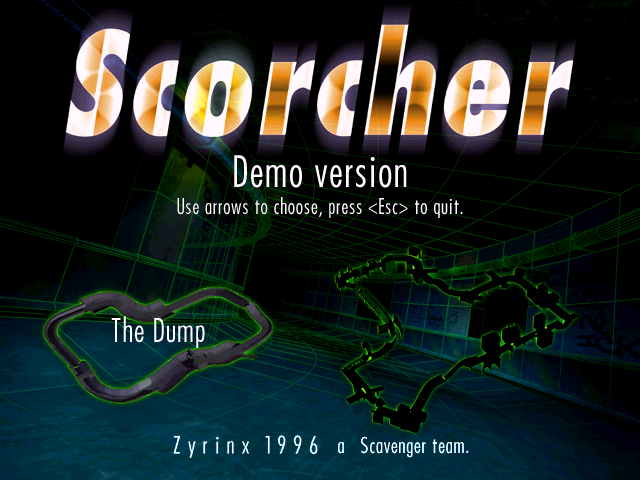 Scorcher (Windows) screenshot: Title screen This game is limited to a Time Attack race around 'The Dump' Demo version