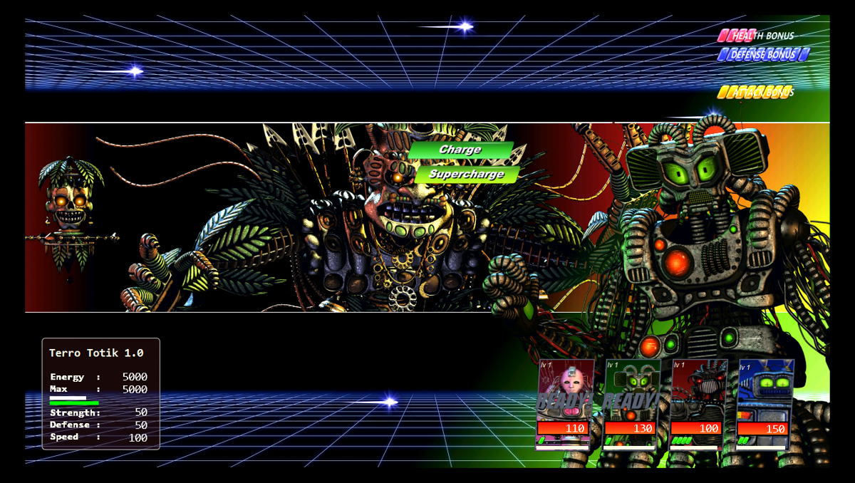 The Desolate Hope (Windows) screenshot: The combat mode; virtual representations of Alphus, Bio-Beta, Malenz and Mirad takes part in a fight against Terro-Totik 1.0