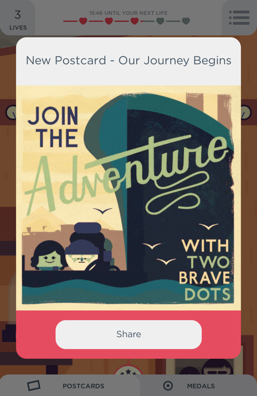 TwoDots (Android) screenshot: Completing each set of levels gives you a postcard which you can share on social websites