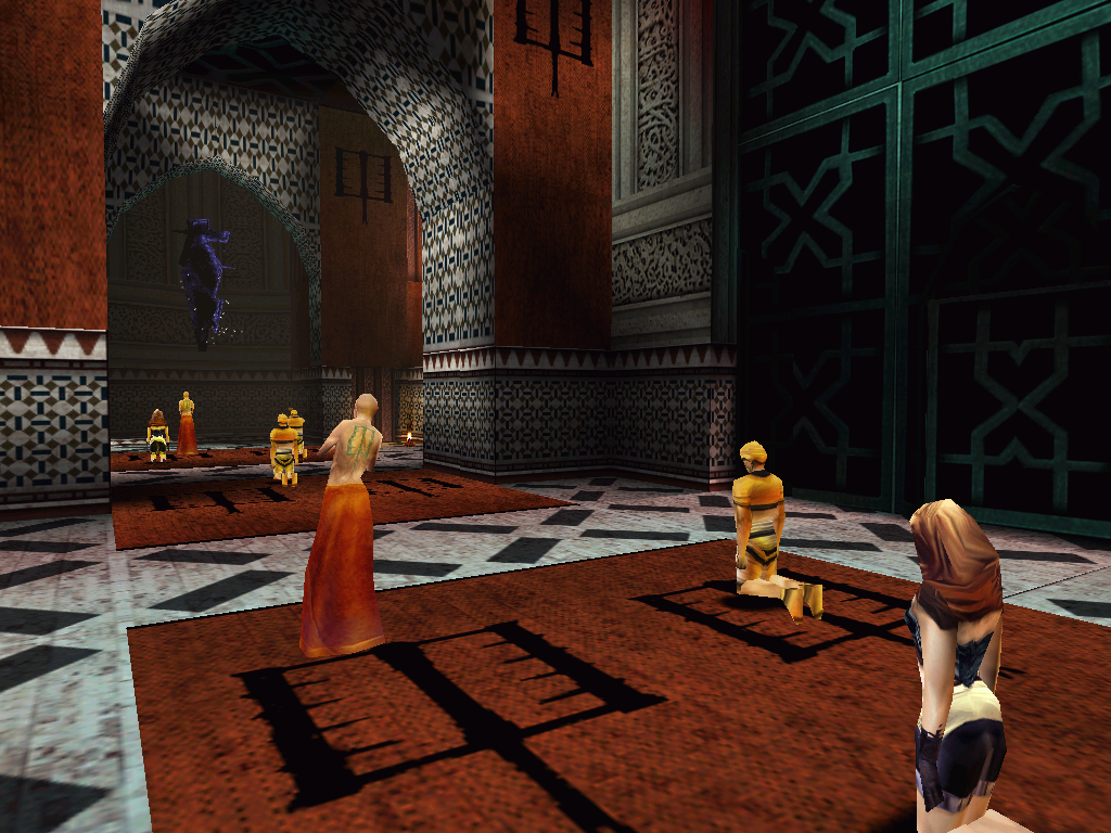 Omikron: The Nomad Soul (Windows) screenshot: Praying in a colorful temple - first-person perspective for a better view