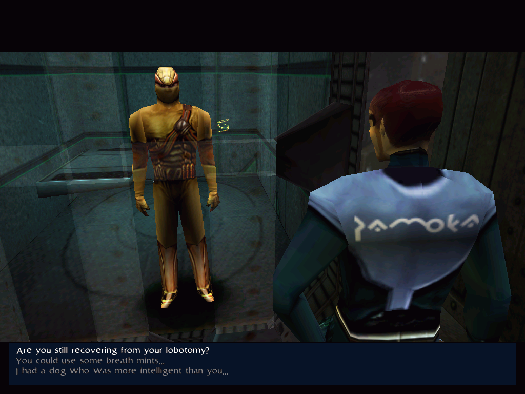 Omikron: The Nomad Soul (Windows) screenshot: Those dialogue choices attempt to recreate humorous mechanics from adventure games. They do not quite succeed...