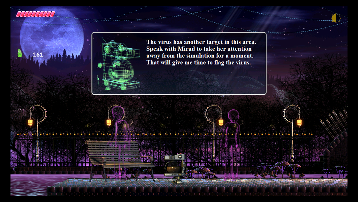 The Desolate Hope (Windows) screenshot: Coffee in Miradmoore, advising the player