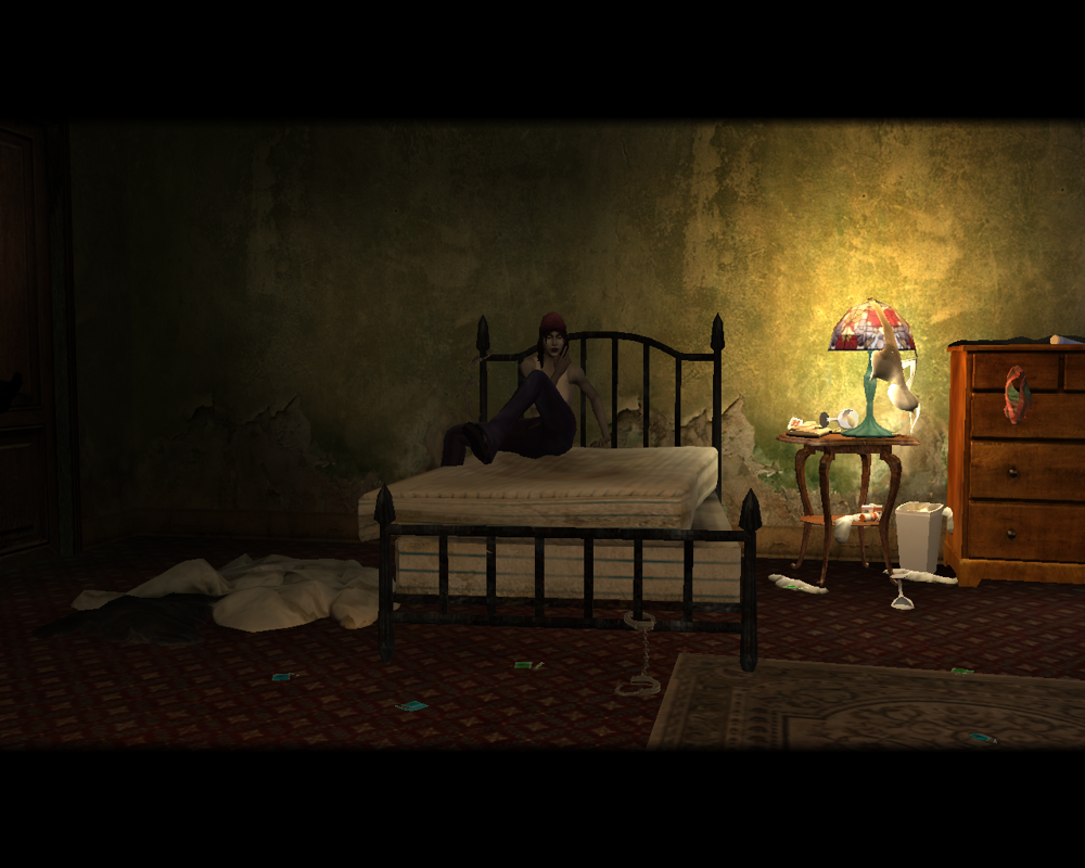 Vampire: The Masquerade - Bloodlines (Windows) screenshot: Intro. This newly created female character wakes up in her cheap room after a night of casual, meaningless sex... as a vampire