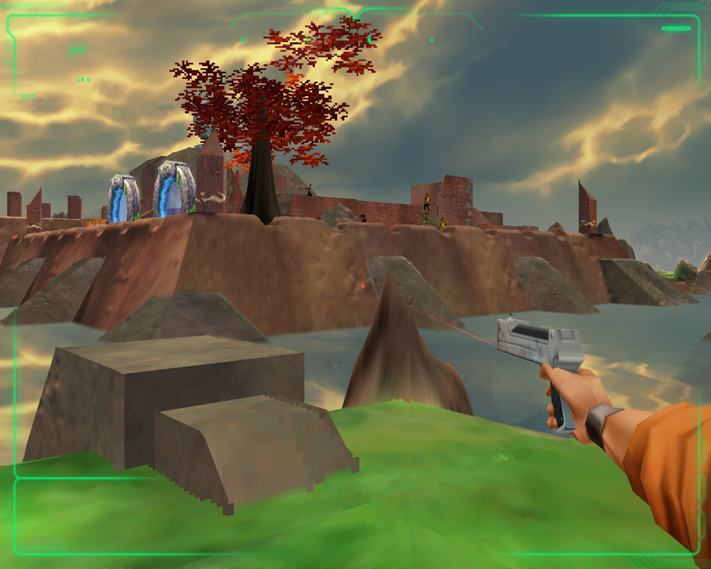 Outcast 1.1 (Windows) screenshot: Combat! In the updated version, you can use the mouse wheel for perspective changes. Can you hit those soldiers with your starting weak gun?..
