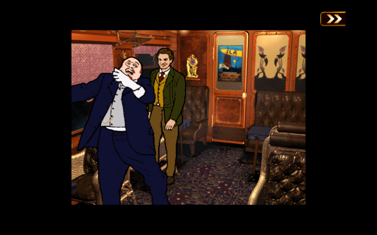 The Last Express: Gold Edition (Windows) screenshot: Robert can't help laughing seeing Schmidt's waltz