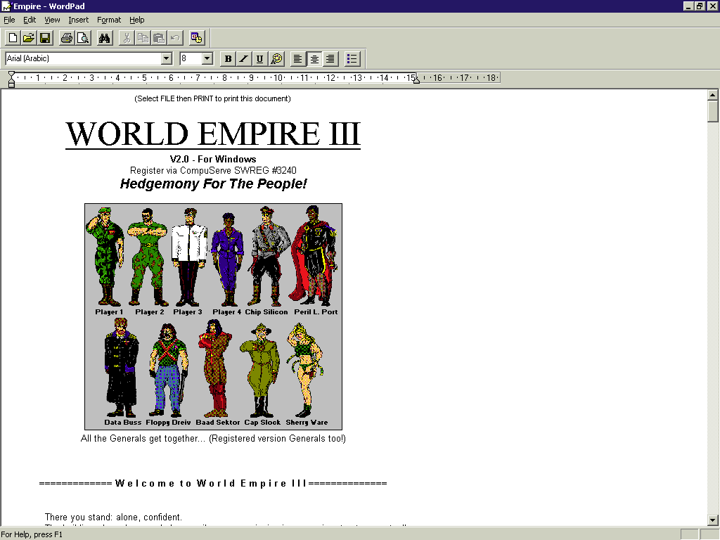 World Empire III (Windows 16-bit) screenshot: The game runs in a series of fixed sized windows whereas the manual opens in a variable window that fills the available screen