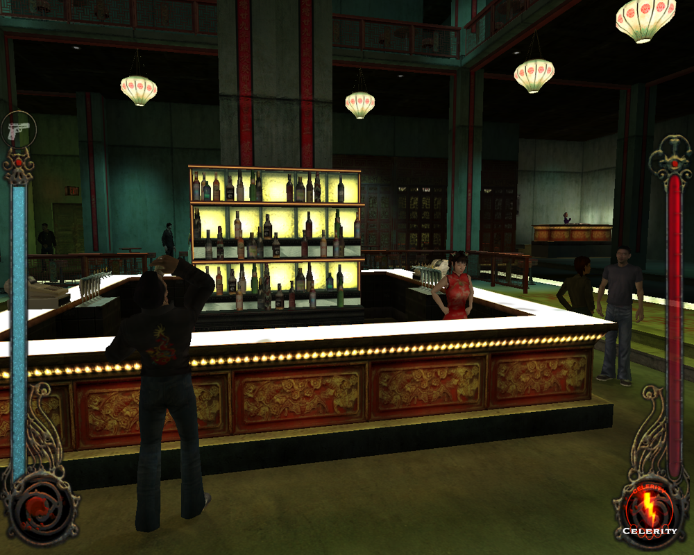 Vampire: The Masquerade - Bloodlines (Windows) screenshot: In Chinatown, you visit a local exclusive club, with a traditionally dressed, cute female bartender and a rather intimidating animated bodyguard