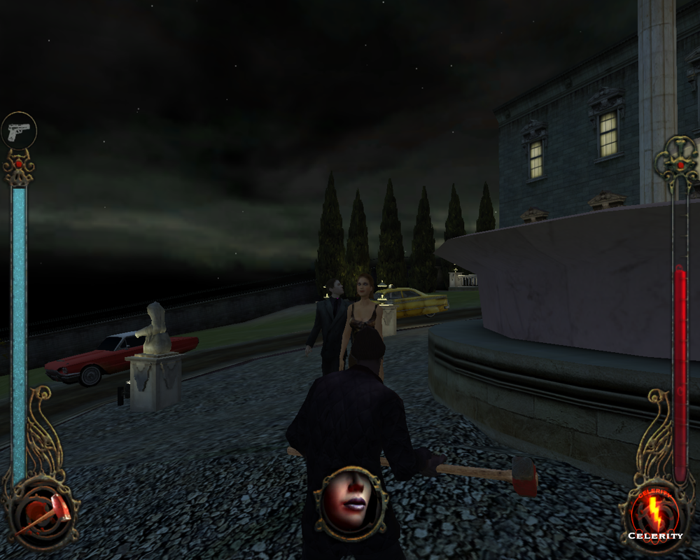 Vampire: The Masquerade - Bloodlines (Windows) screenshot: Standing outside of a fancy mansion, displaying a new sledgehammer, expensive cars, rich guests, and the "talk" icon