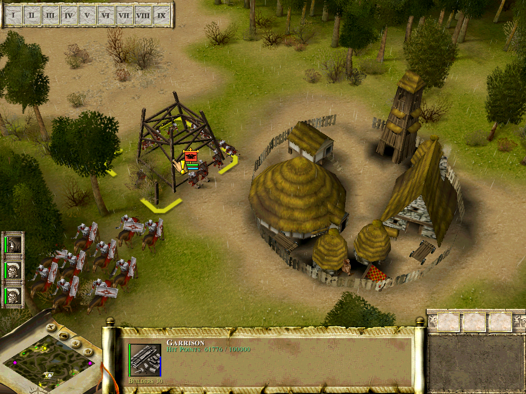 Praetorians (Windows) screenshot: Capturing a village by building my own garrison there.