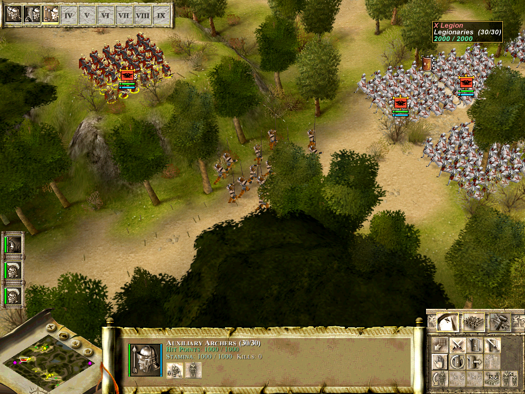 Praetorians (Windows) screenshot: Using the elevated terrain to flank a group of pikemen, while attacking them head-on with the legionaries.