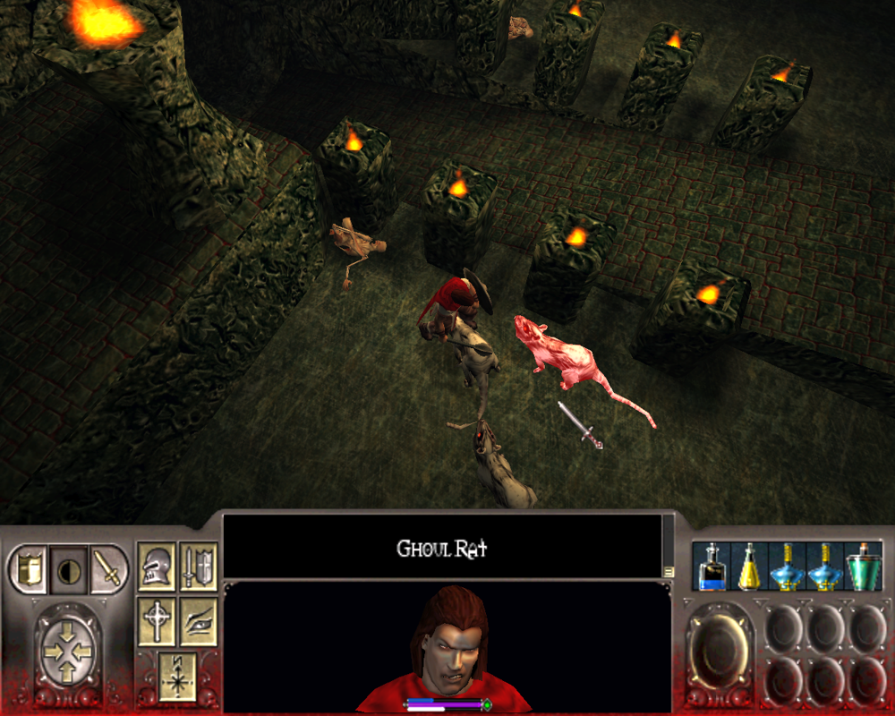 Vampire: The Masquerade - Redemption (Windows) screenshot: An early dungeon, and an early battle against some ghoul rats. Christof doesn't seem to be doing particularly well...