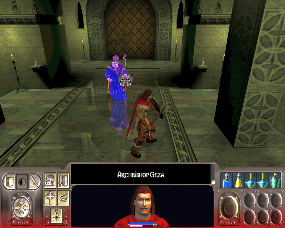 Vampire: The Masquerade - Redemption (Windows) screenshot: Displaying the Talk icon near the archbishop. Dig the reflections on the floor in this temple