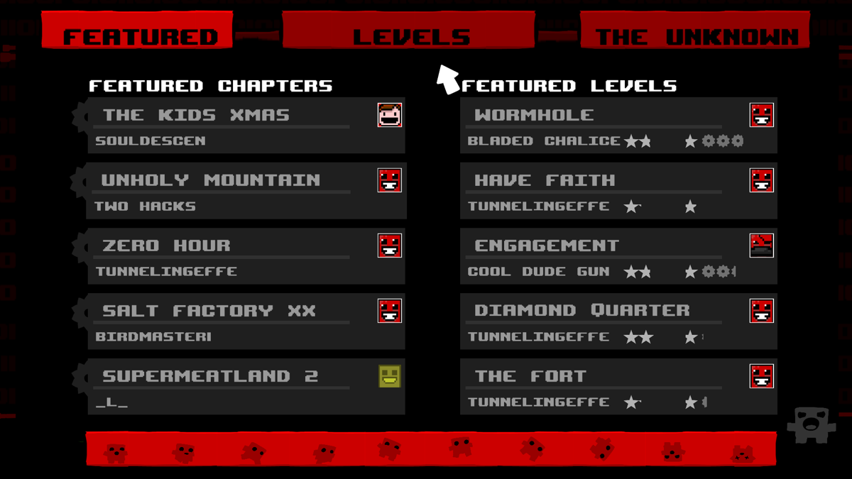 Super Meat Boy (Windows) screenshot: Super Meat World features additional levels and chapters
