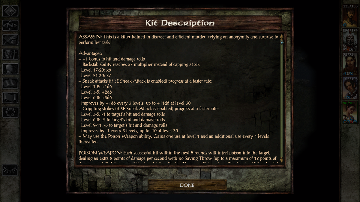 Icewind Dale: Enhanced Edition (Linux) screenshot: Kit description for the class