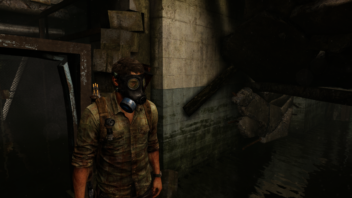 The Last of Us (PlayStation 3) screenshot: Joel needs to wear gas mask in infected areas